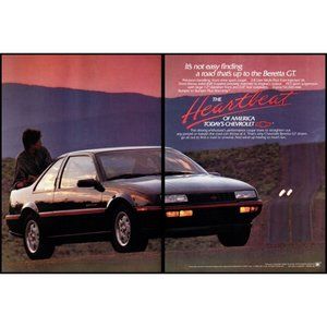 1989 Chevy Beretta GT Coupe 2 Page Vintage Print Ad Desert Highway Sunset Photo